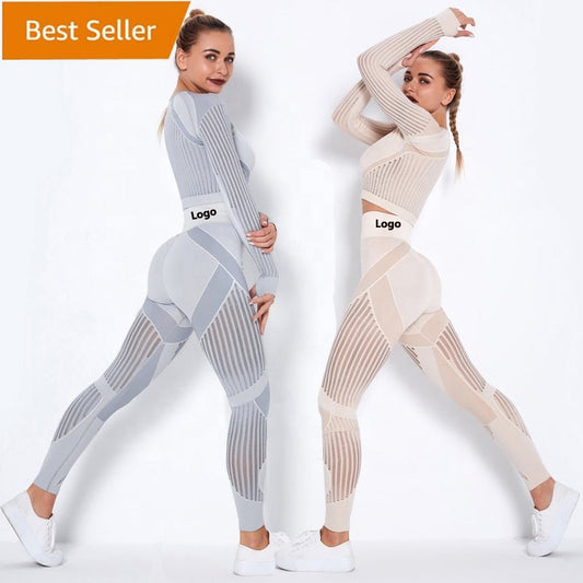 "Seamless Long Sleeve Yoga Tracksuit Set for Women - High Waist Fitness Leggings and Sport Top"